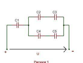 Конденсаторы соединены смешанно. Необходимо определить эквивалентную емкость всей цепи.