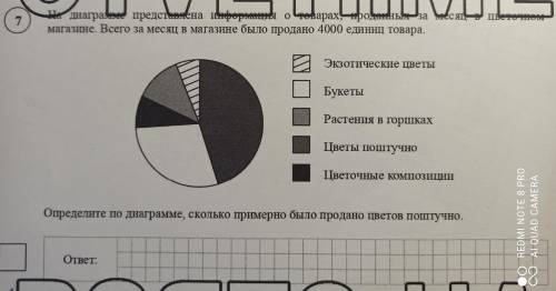 На диаграмме представлена информация о товарах, проданных за месяц в цветочном магазине. Всего за ме