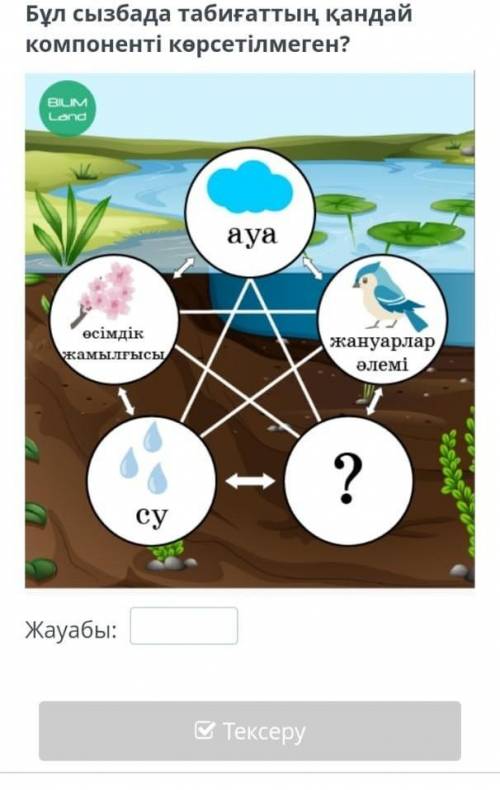 Бұл сызбада табиғаттың қандай компоненті көрсетілмеген?BILMLandауаөсімдікжамылғысыжануарлар,өлемі?су