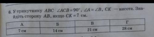 У трикутнику ABC кут ACB=90 .кут A=B CK-висота .Знайдіть сторону AB ,якщо CK =7см