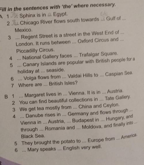 2 Fill in the sentences with 'the' where necessary A1 Sphinx is in Egypt2. Chicago River flows south