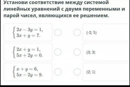 Установи соответствие между системой линейных уравнений с двумя переменными и парой чисел, являющихс