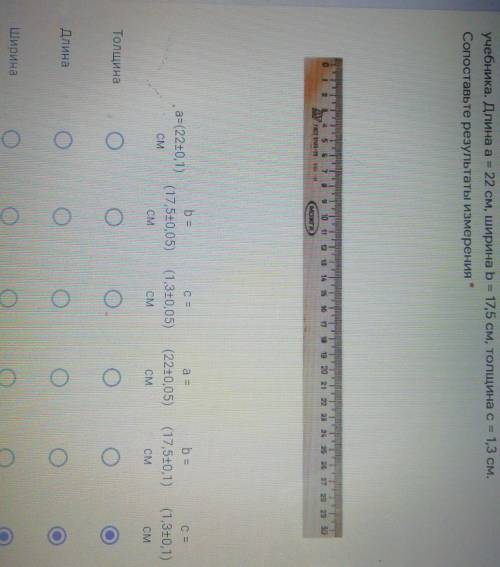 С линейки (см. рисунок) измерили длину, ширину и толщину учебника. Длина а = 22 см, ширина b = 17,5