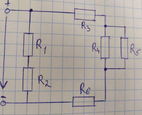 решить задачу? R1=R5=8 Ом; R2=10 Ом; R3=5 Ом R4=R6=6 Ом; U=80 В Найти: P, U и I на каждом участке R;