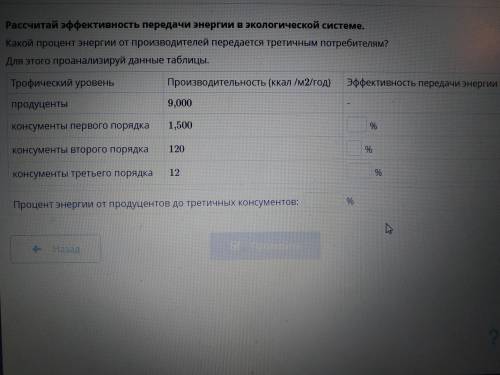 HELP ME PLEASE! Биология 9 класс. Рассчитай эффективность передачи энергии в экологической системе.