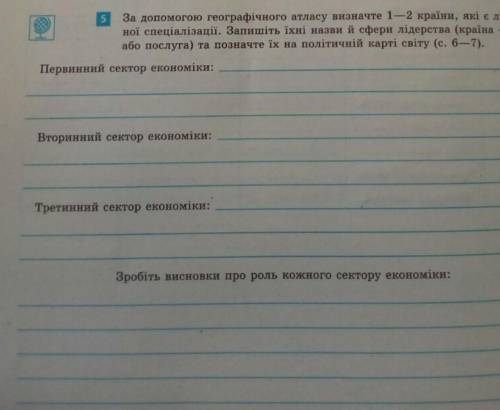 За до географічного атласу визначте 1-2 країни, які первинні спеціалізації. Запишіть іхні назви й сф