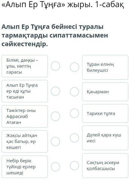 Алып Ер Тұңға бейнесі туралы тармақтарды сипаттамасымен сәйкестендір. Білімі, даңқы - ұлы, көптің са