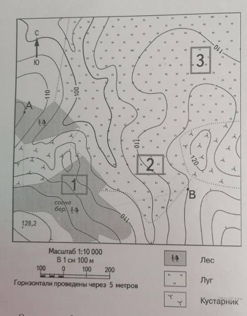 Определите по карте азимут от точки с высотой 128,2 на точку В. ответ запишите в градусах. ​