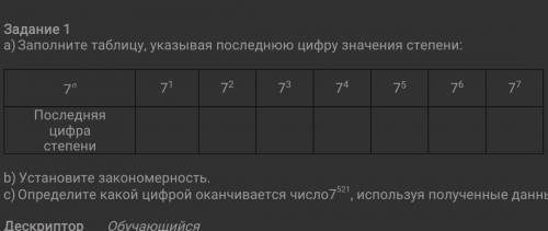 Заполните таблицу, указывая последнюю цифру значения степени: 7n71727374757677Последняя цифрастепени