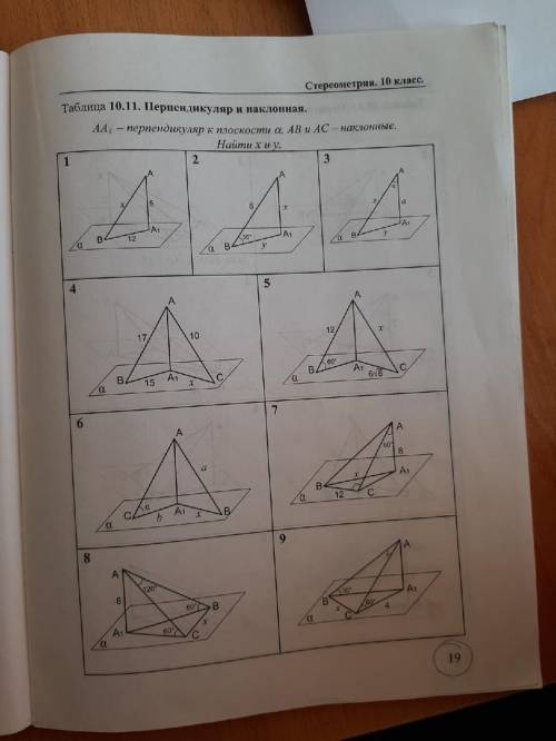 Решите таблица 10.11 перпендикуляр и наклонная AA1 перпендикуляр к плоскости альфа AB и AC наклонные
