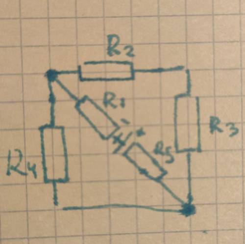 Физика R1=0,6 Ом, R2=5 Ом, R3=3 Ом, R4=2 Ом, R5=7,8 Ом, E=210 В. I, I1, I2, I3, I4, I5 -?​