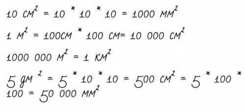 1 см2 – 10 мм?1 см2 - 1 мм2100 мм? - 10 мм?1 м2 - 10 см?​