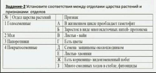 Установите соответствие между отделами царства растений и признаками отделов​