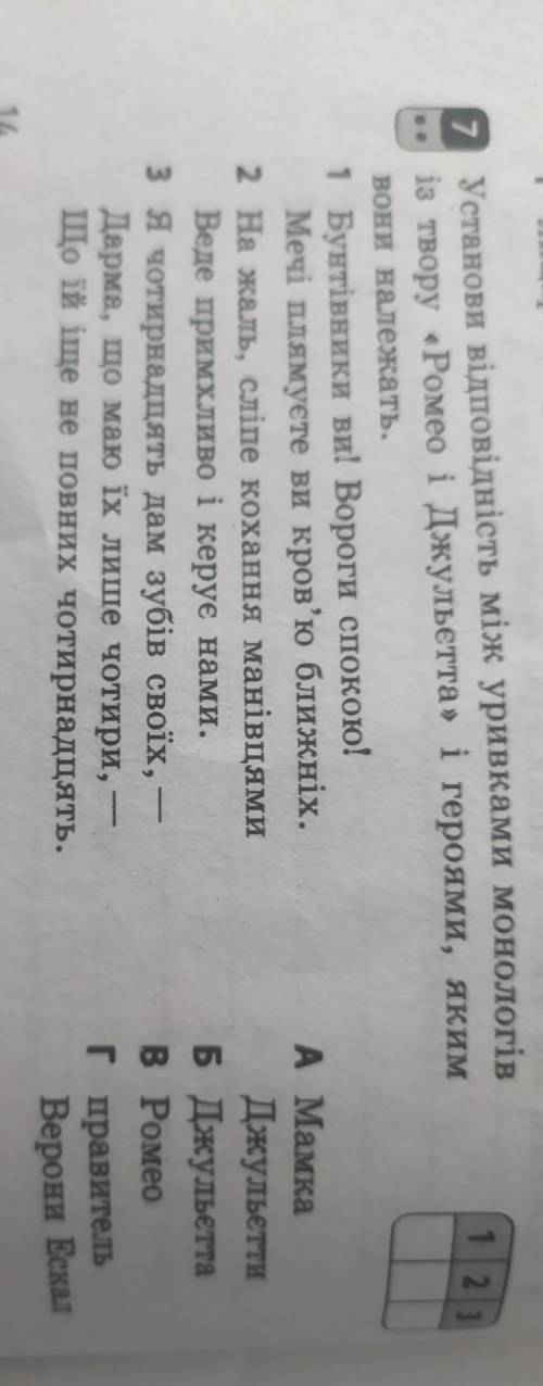 Установи відповідність між уривками монологів із твору «Ромео і Джульєтта» і героями, яким вони нале