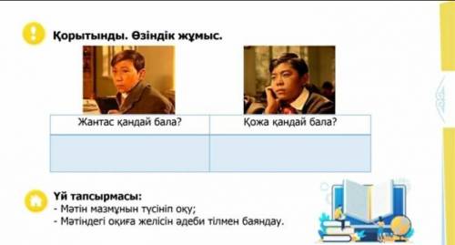 Қорытынды. Өзіндік жұмыс. Жантас қандай бала? Қожа қандай бала? Үй тапсырмасы: - Мәтін мазмұнын түсі