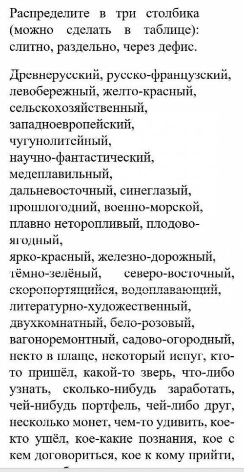 Распределите в три столбика (можно сделать в таблице): слитно, раздельно, через дефис. (Древне)русск