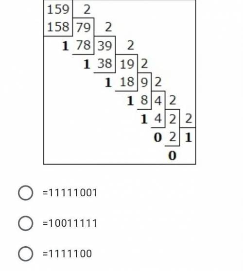 Необходимо указать результат перевода числа 159 из десятичной в двоичную​