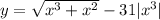 y = \sqrt{x {}^{3} + x {}^{2} } - 31 |x {}^{3} |