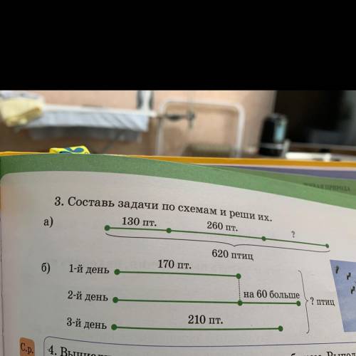 3. Составь задачи по схемам и реши их. 130 пт. 260 пт. a) ? 620 птиц 170 пт. б) 1-й день на 60 больш