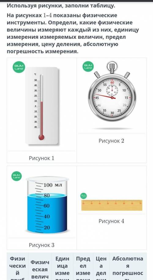 Используя рисунки, заполни таблицу. На рисунках 1–4 показаны физические инструменты. Определи, какие