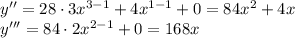 y'' =28 \cdot 3x^{3 - 1}+ 4x^{1-1} + 0 =84 x^{2}+ 4x \\ y''' =84 \cdot 2x^{2 - 1}+ 0 = 168x