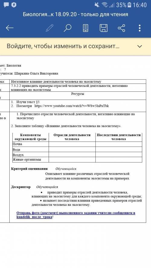 1) Перечислите отрасли человеческой деятельности, негативно влияющие на экосистему 2) Заполните табл