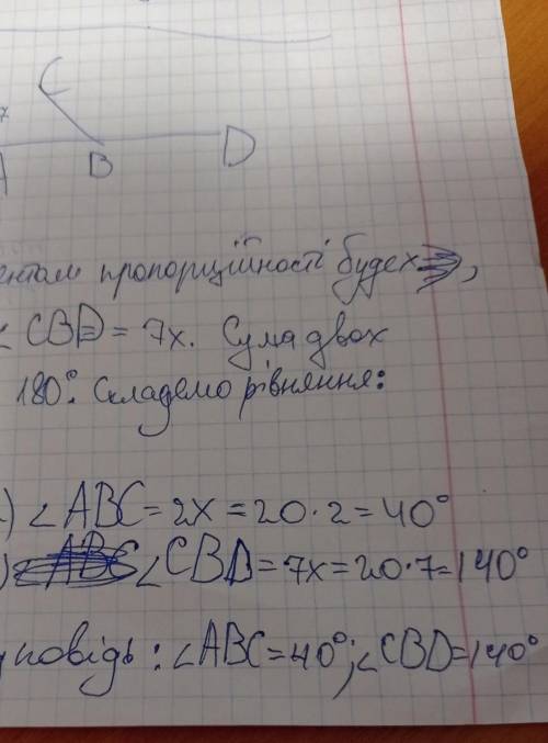 Суміжні кути відносяться як 2 : 7. Чому дорівнюють градусні міри цих кутів?