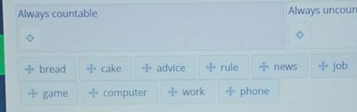 Put the following nouns into correct boxes. 10 Always countableAlways uncountable++ bread+ cake+ adv