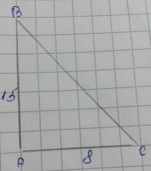 Дано: трикутник ABC(Кут A=90°), AB=15 см, AC=8 см.Знайти: ВС​​