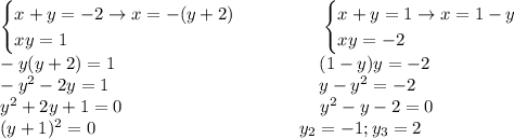 \begin{cases}x+y=-2\to x=-(y+2)\\xy=1\end{cases}\ \ \ \ \ \ \ \ \ \ \ \begin{cases}x+y=1\to x=1-y\\xy=-2\end{cases}\\-y(y+2)=1\ \ \ \ \ \ \ \ \ \ \ \ \ \ \ \ \ \ \ \ \ \ \ \ \ \ \ \ \ \ \ \ \ \ (1-y)y=-2\\-y^2-2y=1\ \ \ \ \ \ \ \ \ \ \ \ \ \ \ \ \ \ \ \ \ \ \ \ \ \ \ \ \ \ \ \ \ \ \ y-y^2=-2\\y^2+2y+1=0\ \ \ \ \ \ \ \ \ \ \ \ \ \ \ \ \ \ \ \ \ \ \ \ \ \ \ \ \ \ \ \ \ y^2-y-2=0\\(y+1)^2=0\ \ \ \ \ \ \ \ \ \ \ \ \ \ \ \ \ \ \ \ \ \ \ \ \ \ \ \ \ \ \ \ \ \ y_2=-1;y_3=2