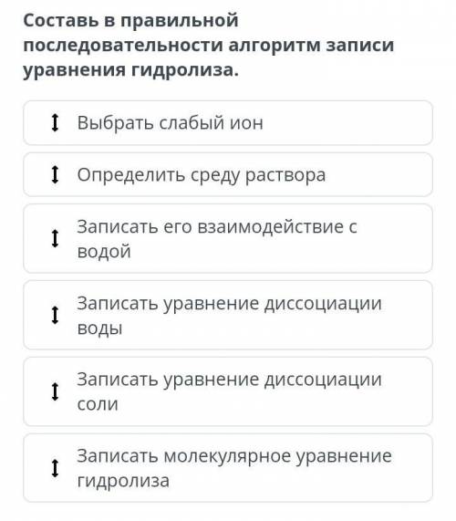 Составь в правильной последовательности алгоритм записи уравнения гидролиза.​