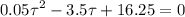 \displaystyle 0.05\tau^2-3.5\tau+16.25=0