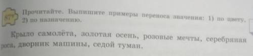 Роса, дворник машины, седой туман. Прочитайте. Выпишите примеры переноса значения: 1) по цвету,2) по