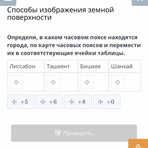 Определи, в каком часовом поясе находятся города, по карте часовых поясов и перемести их в соответст