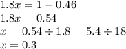 1.8x = 1 - 0.46 \\ 1.8x = 0.54 \\ x = 0.54 \div 1.8 = 5.4 \div 18 \\ x = 0.3