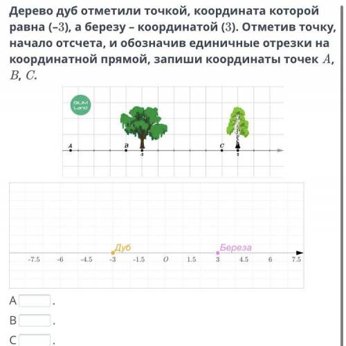 Дерево дуб отметили точкой, координата которой равна (–3), а березу – координатой (3). Отметив точку