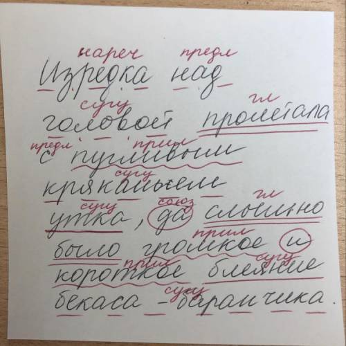 синтаксический разбор предложения ,,Изредка над голо­вой про­ле­та­ла с пуг­ли­вым кря­ка­ньем утка,