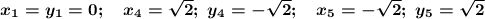 \boldsymbol{x_1=y_1=0;\ \ \ x_4=\sqrt2;\ y_4=-\sqrt2;\ \ \ x_5=-\sqrt2;\ y_5=\sqrt2}