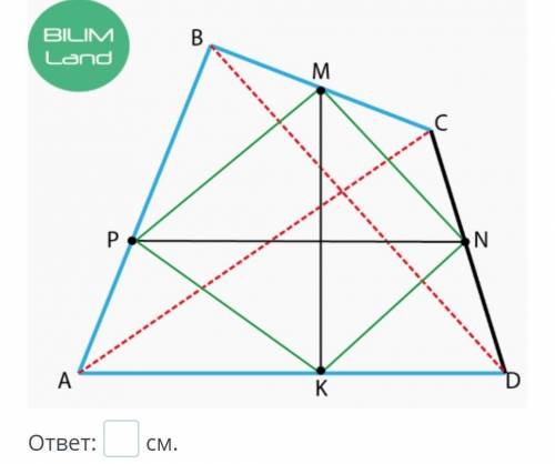 Точки M, N, K, P – середины сторон четырехугольника ABCD. Найди периметр четырехугольника MNKP, если