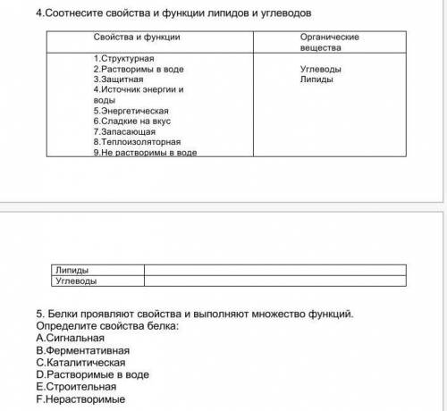 4.Соотнесите свойства и функции липидов и углеводов Свойства и функции Органические вещества1.Структ