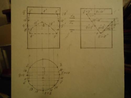 Черчение! Достроить 3 проекции цилиндра с линиями среза и опозначить опорные точки (крайние точки ди