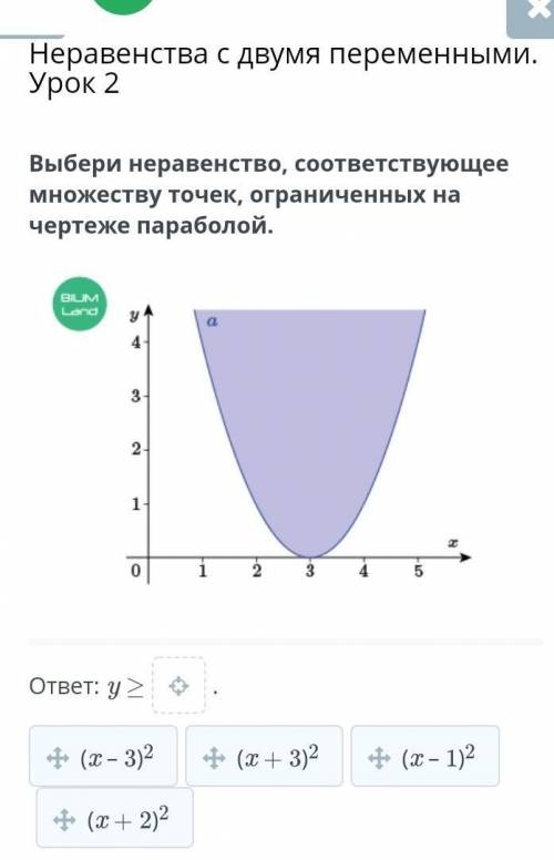 Выбери неравенство, соответствующее множеству точек, ограниченных на чертеже параболой.​