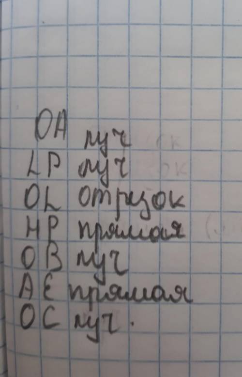 1. Укажите названия следующих элементов на рисунке (прямая, луч, отрезок): OA LP OL HP OB AE