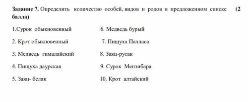 Определить количество особей, видов и родов в предложенном списке ​