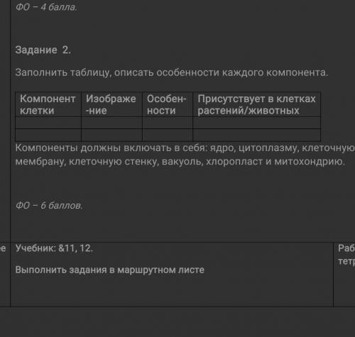 Заполнить таблицу описать особенности каждого компонента. компонент клетки​