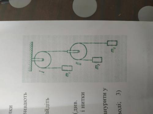 Визначити прискорення, з яким рухаються тіла системи, якщо m1= 4 кг., m2=2 кг і m3= 3 кг. Масами бло