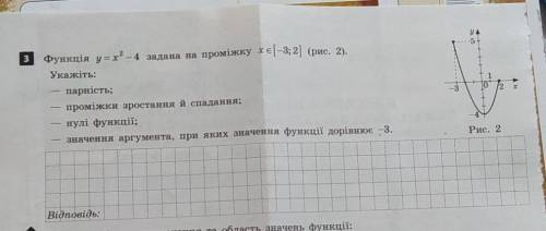 Функція у = х²– 4 задана на проміжку хє[-3; 2) (рис. 2). Укажіть:— парність;проміжки зростання й спа