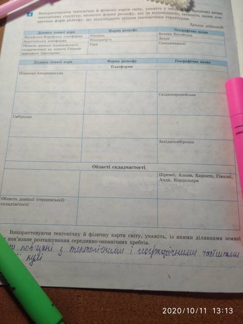 Використовуючи тектонічну й фізичну карти світу , укажіть у таблиці (за зразком) назви тектонічних с