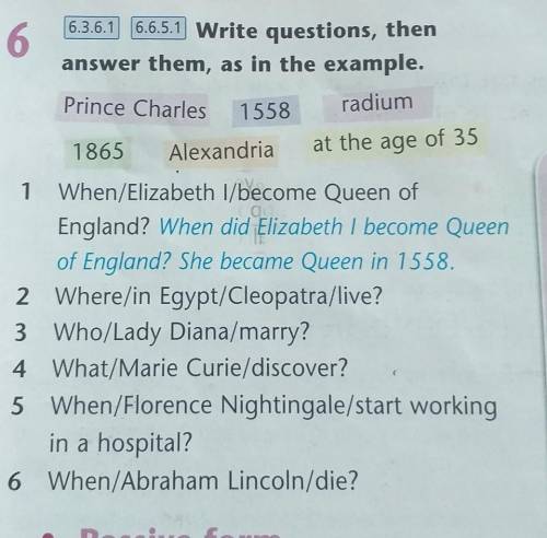 Write questions, then answer them, as in the example.Prince Charles1558radium1865 Alexandria at the