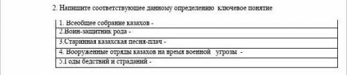 Напишите соответствующее данному определению ключевое понятие 1. Всеобщее собрание казахов -2.Воин-з